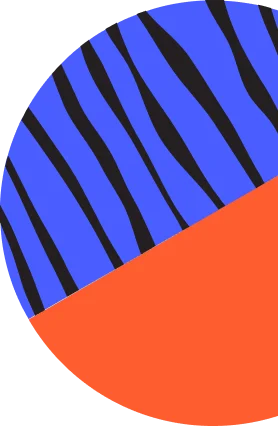 Extendly CRM - Een diagonaal verdeelde cirkel; de bovenste helft is blauw met zwarte golvende strepen, die lijken op een zebrapatroon, en de onderste helft is effen oranje.