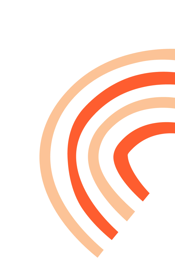 Extendly CRM - Gebogen, halfronde lijnen in afwisselend perzikkleurige en oranje kleuren vormen een abstract patroon tegen een zwarte achtergrond, die straalt vanuit de rechterbenedenhoek van de afbeelding.