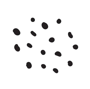 Extendly CRM - Een cluster willekeurig geplaatste zwarte vierkanten van verschillende grootte op een transparante achtergrond, gerangschikt in een onregelmatig, losjes cirkelvormig patroon.
