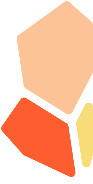 Extendly CRM - Drie abstracte, onregelmatige geometrische vormen in pastel perzik (boven), helder oranje (linksonder) en lichtgeel (rechtsonder) op een transparante achtergrond.