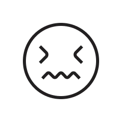 Extendly CRM - Een korrelig zwart-wit emoticon voor een verdrietig gezicht met X-vormige ogen en een gekartelde mond, ingesloten in een cirkel op een transparante achtergrond.