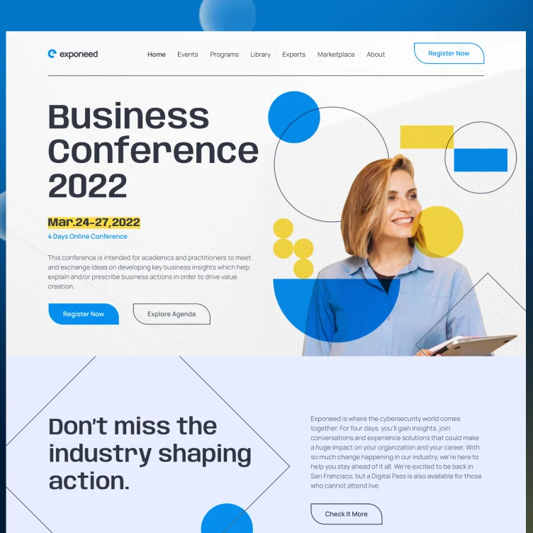 Extendly CRM - Een websitepagina voor Business Conference 2022 toont de data van het evenement (24-27 maart 2022), registratieknoppen, informatie over de conferentie en een glimlachende vrouw die een tablet vasthoudt met geometrische vormen op de achtergrond.