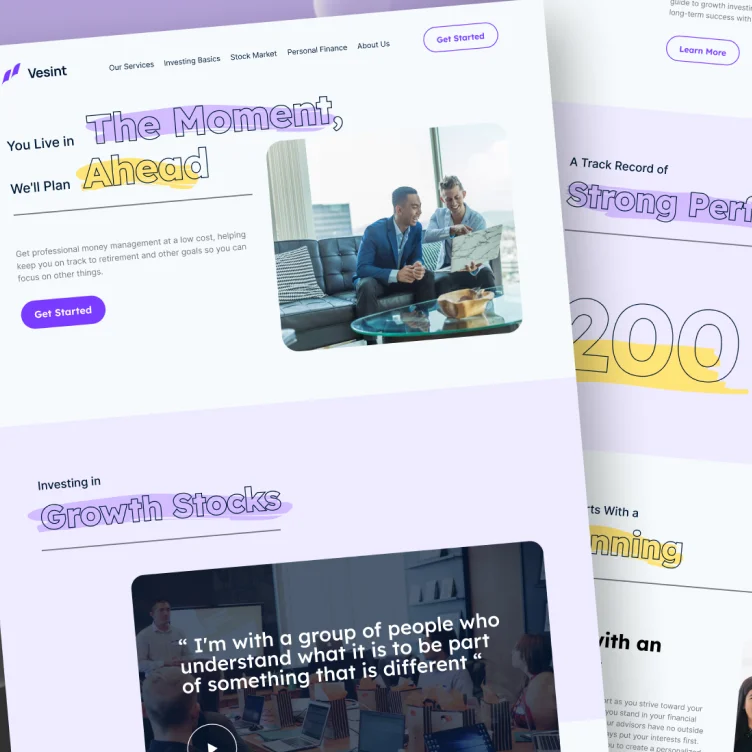 Extendly CRM - Een homepage met een modern ontwerp met zakelijke professionals die elkaar ontmoeten, vetgedrukte tekst met de tekst "The Moment, Ahead", knoppen om op te roepen tot actie en secties over beleggen en groeiaandelen in witte, paarse en gele tinten.