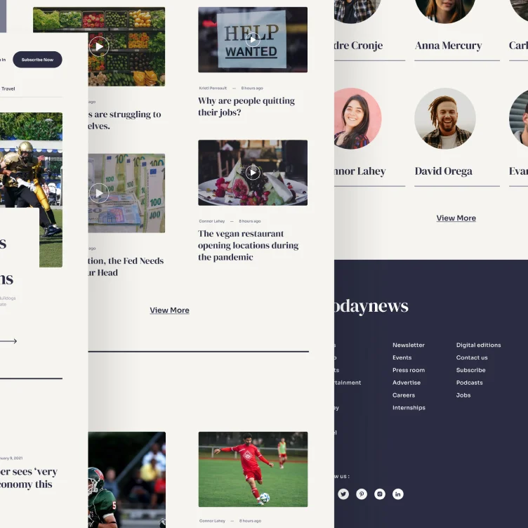 Extendly CRM - Een gedeeltelijk zichtbare website-interface toont nieuwsartikelen met afbeeldingen, een bord "Hulp gezocht", sportfoto's en kopfoto's van mensen. Aan de rechterkant staan navigatiekoppelingen, sociale pictogrammen en een donkere voettekst.
