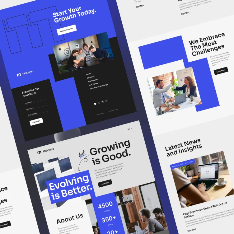 Extendly CRM - Een collage van moderne website-homepage mockups in blauwe, zwarte en witte thema's, met koppen, afbeeldingen van mensen die samenwerken, statistieken en nieuwsbriefaanmeldingen, die bedrijfsgroei en innovatie laten zien.